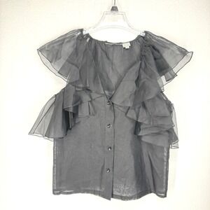 Vintage Silk Ruffle Blouse Sheer Button Rhinestone Size 4 Black Luxury Regency